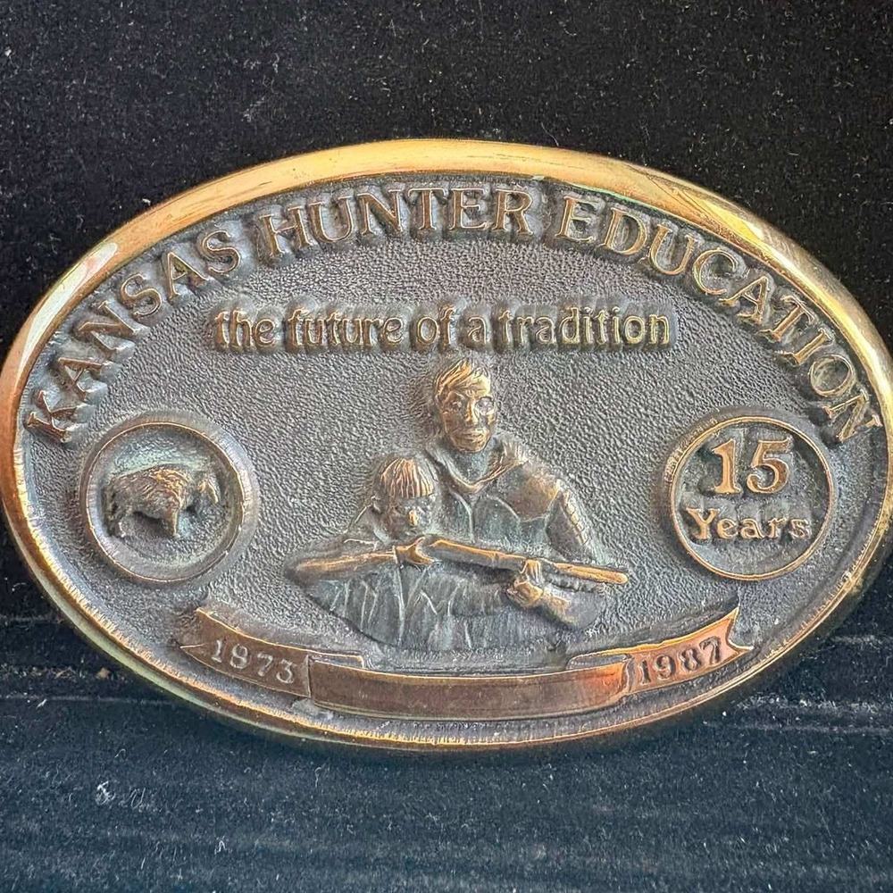 Vintage Western Heritage Co Kansas Hunter Education Belt Buckle Brass 1987 #21